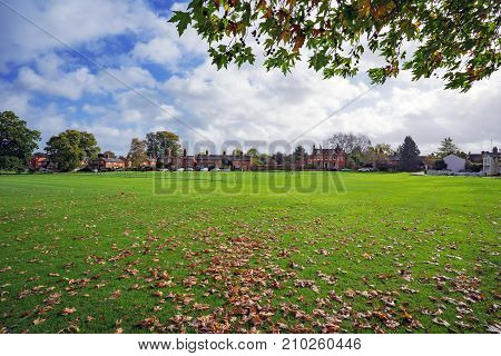 Autumn leaves at Hartley Wintney village cricket ground in Hampshire, UK