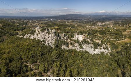 Aerial view of Oppede-le-Vieux, a ghost village in the Vaucluse department in southeastern France