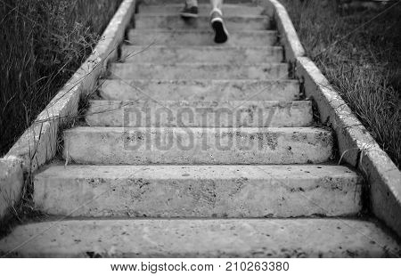 Escape the old stairs outdoors. Monochrome background