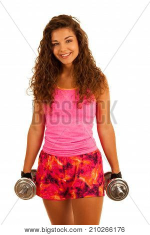 Active Young Fit Woman Workout With Dubbells Isolated Over White Background