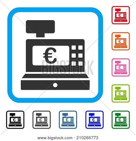 Euro Cashbox icon. Flat grey iconic symbol inside a light blue rounded rectangular frame. Black, gray, green, blue, red, orange color versions of Euro Cashbox vector.
