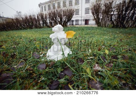 Snowman grass with yellow leaf. Funny wide angle picture. Winter is coming concept.