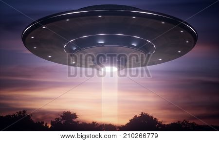 3D illustration. Spacecraft alien floating over the trees with tractor beam.