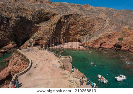 BERLENGA ISLAND, PORTUGAL - September 10, 2017: People visiting the island of Berlenga, in Portugal