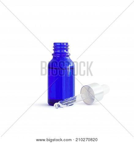Opened Dropper Bottle. Blue conteiner isolated on white background. With clipping path