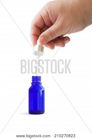 Dropper Bottle. Blue conteiner isolated on white background. With clipping path