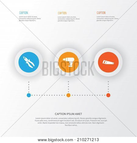 Handtools Icons Set. Collection Of Clamp, Handsaw, Tool Elements