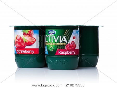 London, Uk - October 20, 2017: Pack Of Activia Yogurt With Strawberry And Raspberry On White. Activi