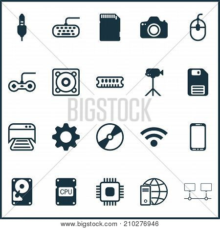 Hardware Icons Set. Collection Of Aux Cord, Joystick, Chip And Other Elements
