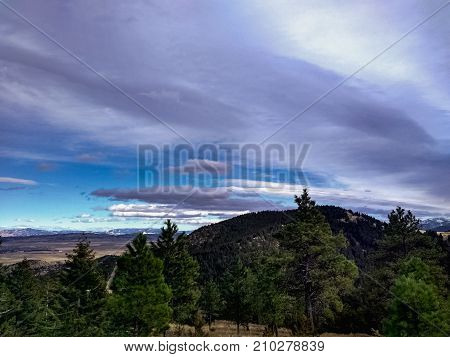 Blue and gray sky above trees in Montana