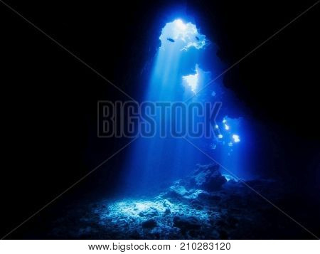 Rays of Sunlight Shine Through Lava Cave Underwater at Cathedrals Dive Site in Hawaii