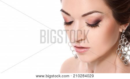 Close-up Portrait Of Young Closing Eyes Woman's Face With Clean Fresh Skin,woman With Jewelry, Isola