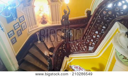 BENGALURU INDIA - FEBRUARY 20 2017: Interior decoration of famous Bangalore Palace. It was private residence of the royal Wodeyar family. It is filled with rare collection of art and paraphernalia from a bygone era.