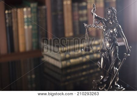 Justice concept.  Lady justice. Books. Court library.