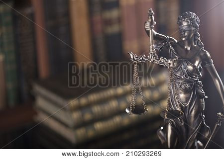 Justice concept.  Lady justice. Books. Court library.
