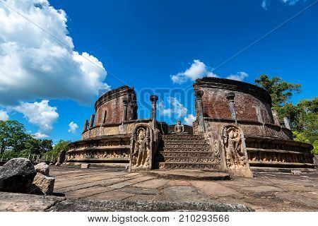 Vatadage or circular relic house in Polonnaruwa ruins. Unesco world heritage on Sri Lanka.