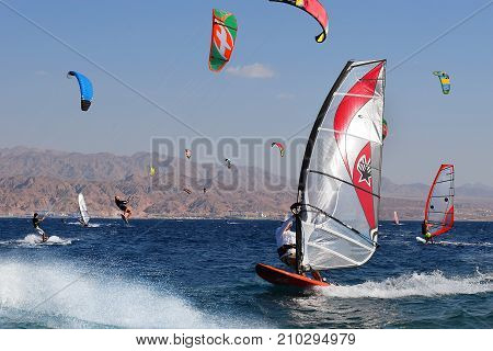 Eilat, Israel - october 17: view of a windsurfer in the gulf of Eilat, Red Sea on october 17, 2017 in  Eilat, Israel