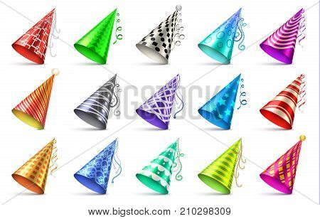 Cone paper hat with birthday decoration elements. Party caps isolated vector set. Birthday hat cone paper for festive anniversary illustration