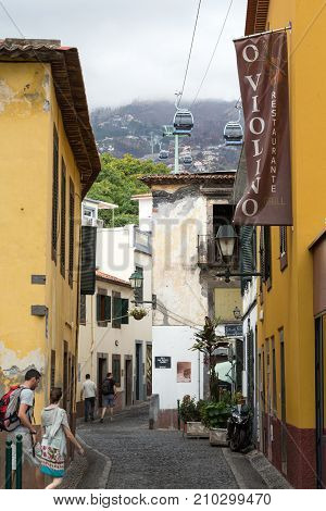 FUNCHAL, MADEIRA PORTUGAL SEPTEMBER 4 2016: Zone Velha - the oldest district famous for its best restaurants and cafes in Funchal. Madeira Portugal