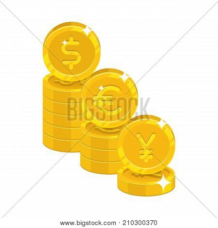 Dollar, euro, yen coins. Three piles of gold coinage with currency symbols for electronic money, cryptocurrency, e-commerce and other thematic projects. Vector illustration isolated on white