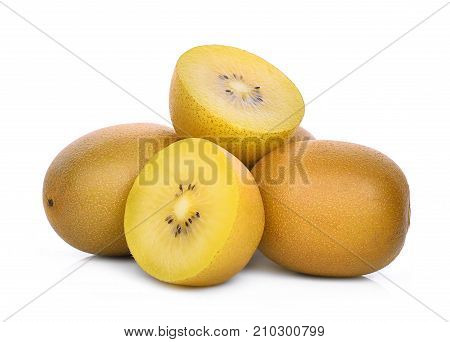 whole and half of yellow or gold kiwi fruit isolated on white background