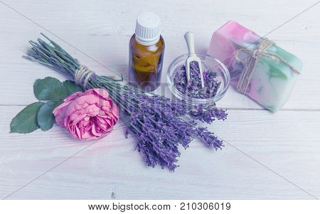 Handmade Soap with bath and spa accessories. Dried lavender and nostalgic pink rose. Spa background