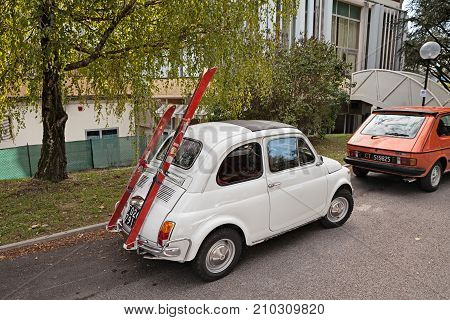 MELDOLA, FC, ITALY - OCTOBER 10: vintage Fiat 500 with ski-rack in classic car rally 