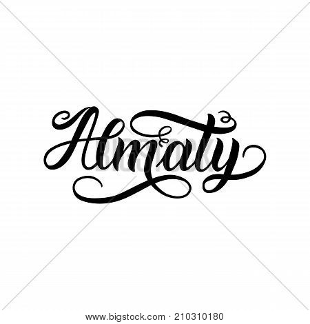 City logo isolated on white. Black label or logotype. Vintage badge calligraphy in grunge style. Great for t-shirts or poster, Almaty, Kazakhstan