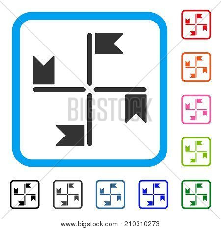 Flags icon. Flat gray iconic symbol inside a light blue rounded rectangular frame. Black, gray, green, blue, red, orange color variants of Flags vector. Designed for web and app UI.