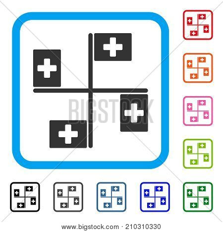 Hospital Flags icon. Flat gray pictogram symbol in a light blue rounded rectangular frame. Black, gray, green, blue, red, orange color additional versions of Hospital Flags vector.