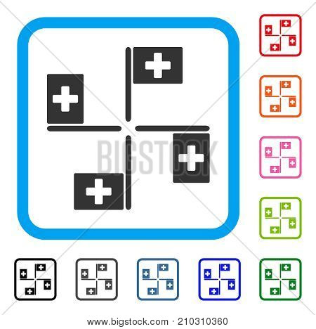 Hospital Flags icon. Flat gray pictogram symbol in a light blue rounded rectangular frame. Black, gray, green, blue, red, orange color variants of Hospital Flags vector.
