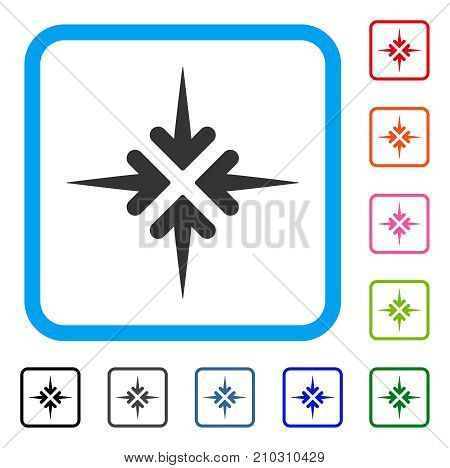 Impact Arrows icon. Flat grey iconic symbol inside a light blue rounded squared frame. Black, gray, green, blue, red, orange color additional versions of Impact Arrows vector.