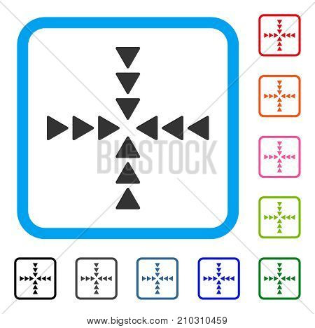 Inside Direction icon. Flat grey pictogram symbol in a light blue rounded rectangular frame. Black, gray, green, blue, red, orange color additional versions of Inside Direction vector.