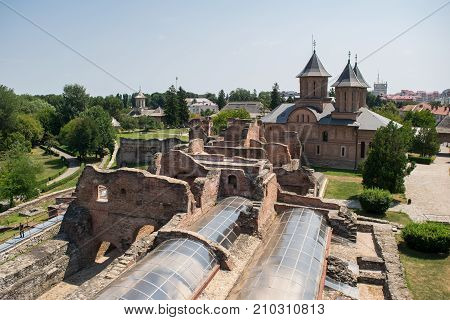 Aerial view of the Princely Court showing St. Friday Church in Targoviste Dambovita Romania.