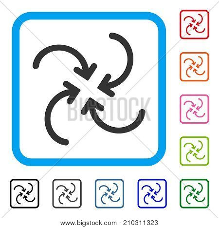 Whirl Arrows icon. Flat gray pictogram symbol inside a light blue rounded squared frame. Black, gray, green, blue, red, orange color additional versions of Whirl Arrows vector.