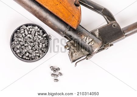 Box With Metal Air Gun Pellets And Air Gun With Wooden Kundak Gu