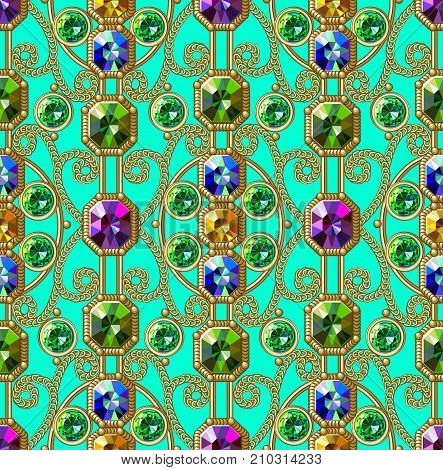 Gems. Vector Seamless Pattern. Gold Ornament. Glamour Pattern. Green Background. Embroidery.