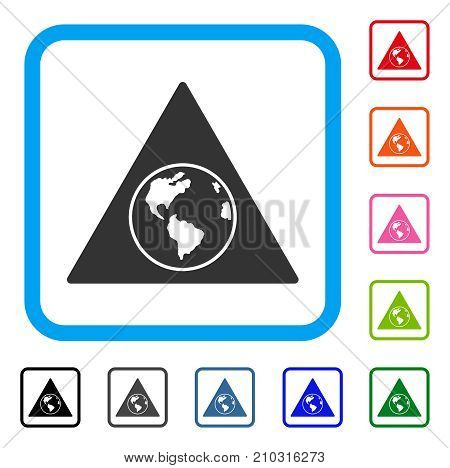 Terra Triangle icon. Flat grey iconic symbol inside a light blue rounded rectangular frame. Black, gray, green, blue, red, orange color additional versions of Terra Triangle vector.