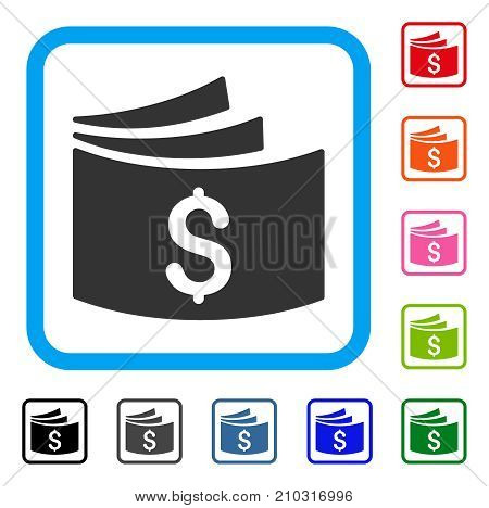 Checkbook icon. Flat grey iconic symbol inside a light blue rounded squared frame. Black, gray, green, blue, red, orange color variants of Checkbook vector. Designed for web and app interfaces.