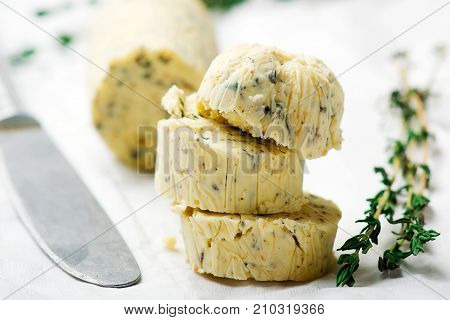 Butter with a herb for sandwiches and steack . selective focus