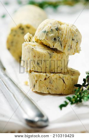 Butter with a herb for sandwiches and steack . selective focus