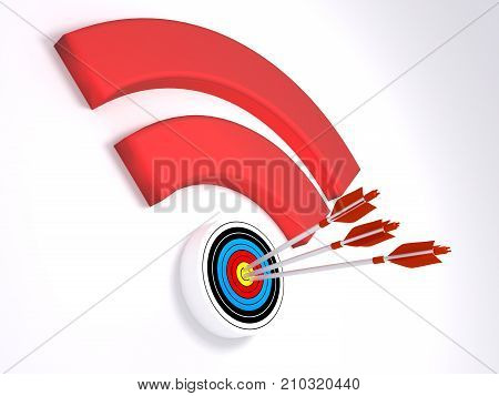 Three arrows hitting the dot of a wifi symbol textured with a target WPA2 krack cybersecurity concept 3D illustration