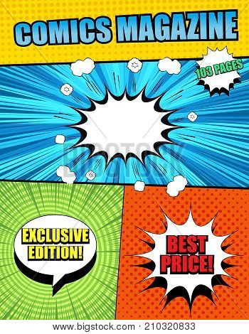 Bright comics magazine cover template with different inscriptions, white speech bubbles, rays, round, sound, halftone and radial effects in pop art style. Vector illustration