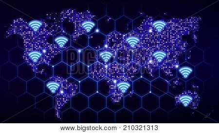Blue glowing hexagon grid world map with various wifi symbols with a keyhole in it WPA2 krack cybersecurity concept illustration