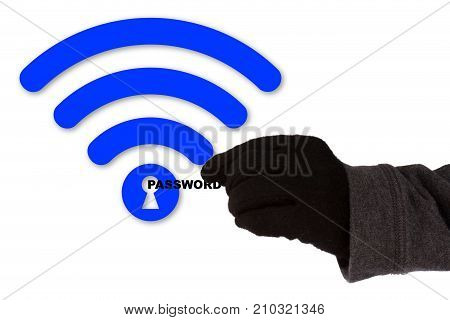 Hand with glove taking the word password of a blue wifi symbol with a keyhole WPA2 backdoor krack cybersecurity concept