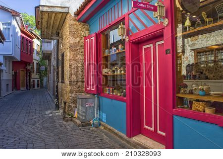 ANTALYA TURKEY - Oct 3 2017: Coffee shop in old town Kaleici