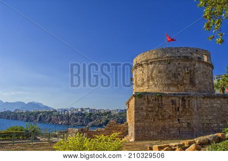Ruins of the ancient fortress Hidirlik Kalesi in Kaleici. Antalya Tourkey.
