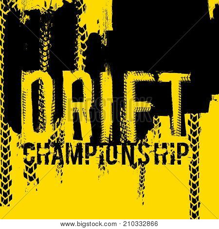 Off-Road hand drawn grunge drift lettering. Tire tracks words made from unique letters. Beautiful vector illustration. Editable graphic element in yellow and black colours.