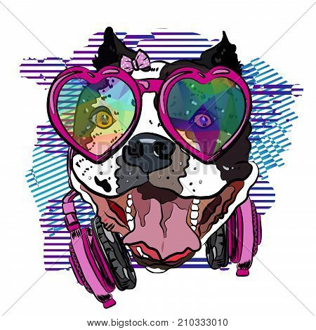 Cool bulldog girl with headphones and glasses. Print for your t-shirt. Vector illustration eps 10.
