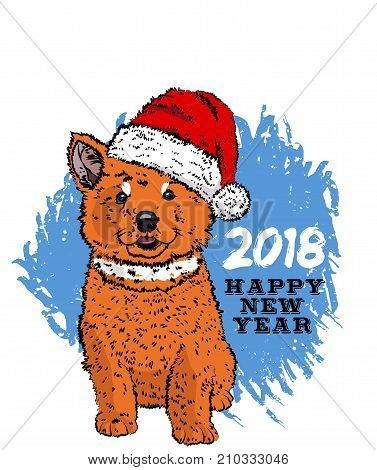 Postcard with the symbol of 2018 with a yellow puppy. Vector illustration eps 10.